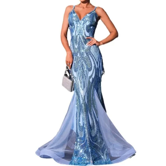 Blue, Graphic,  V Neck, Sleeveless,  Case Up Back, Sequined Mermaid Gown - Picture 13 of 16